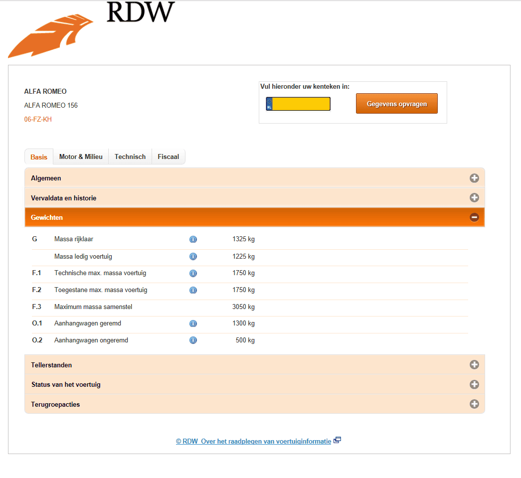 RDW ovi gewichten gegevens